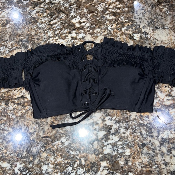 Xhilaration black bralette swim top size small ruffle sleeve lace up front - Picture 1 of 8